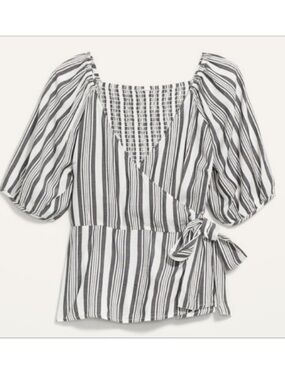 Old Navy Cottagecore Puff-Sleeve Smocked Striped Wrap Effect Blouse NWT.